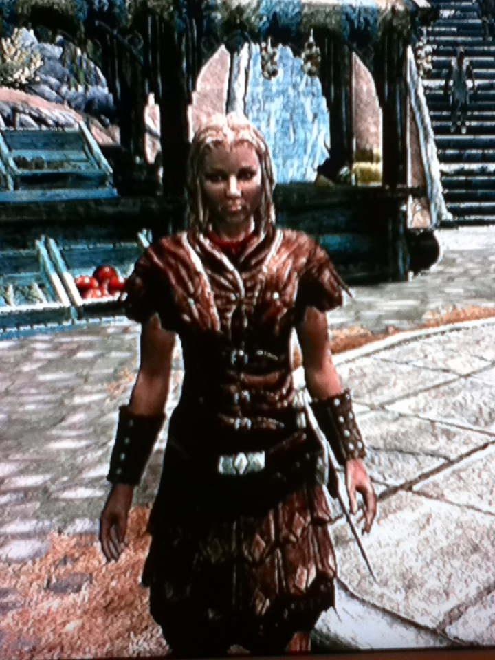 Photo by LilMissMorpho with the username @LilMissMorpho,  January 7, 2012 at 11:51 PM and the text says 'Elder Scrolls V: Skyrim

My Dragonborn
Name: Stephanie Luxwood
Race: Breton
Description: This Blonde Breton is fearless in the face of evil and is willing to do whatever it takes to win in battle.
As a young Dragonborn her journey has just begun and there..'