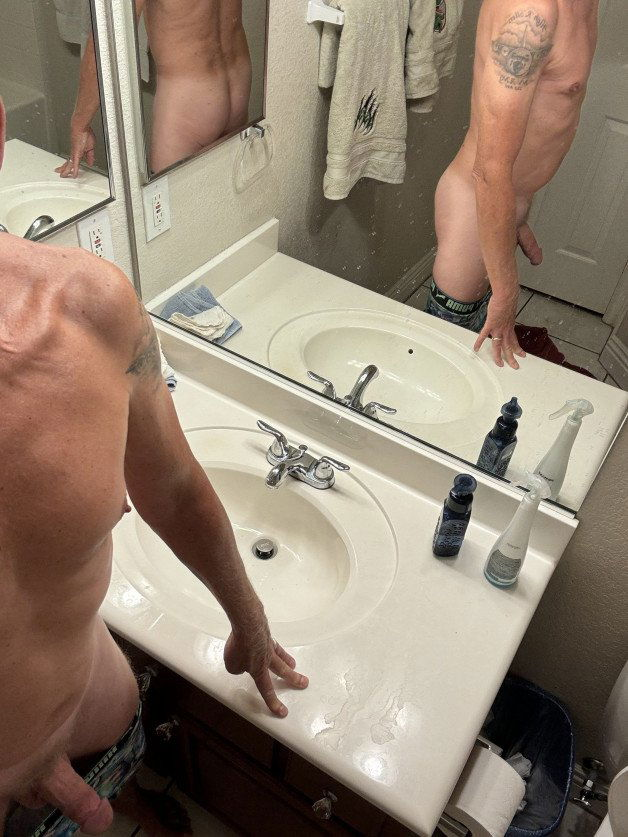 Photo by Desertguy with the username @Desertguy, who is a verified user,  June 16, 2024 at 11:04 AM and the text says '3 way mirror - cock, nipple, and butt'