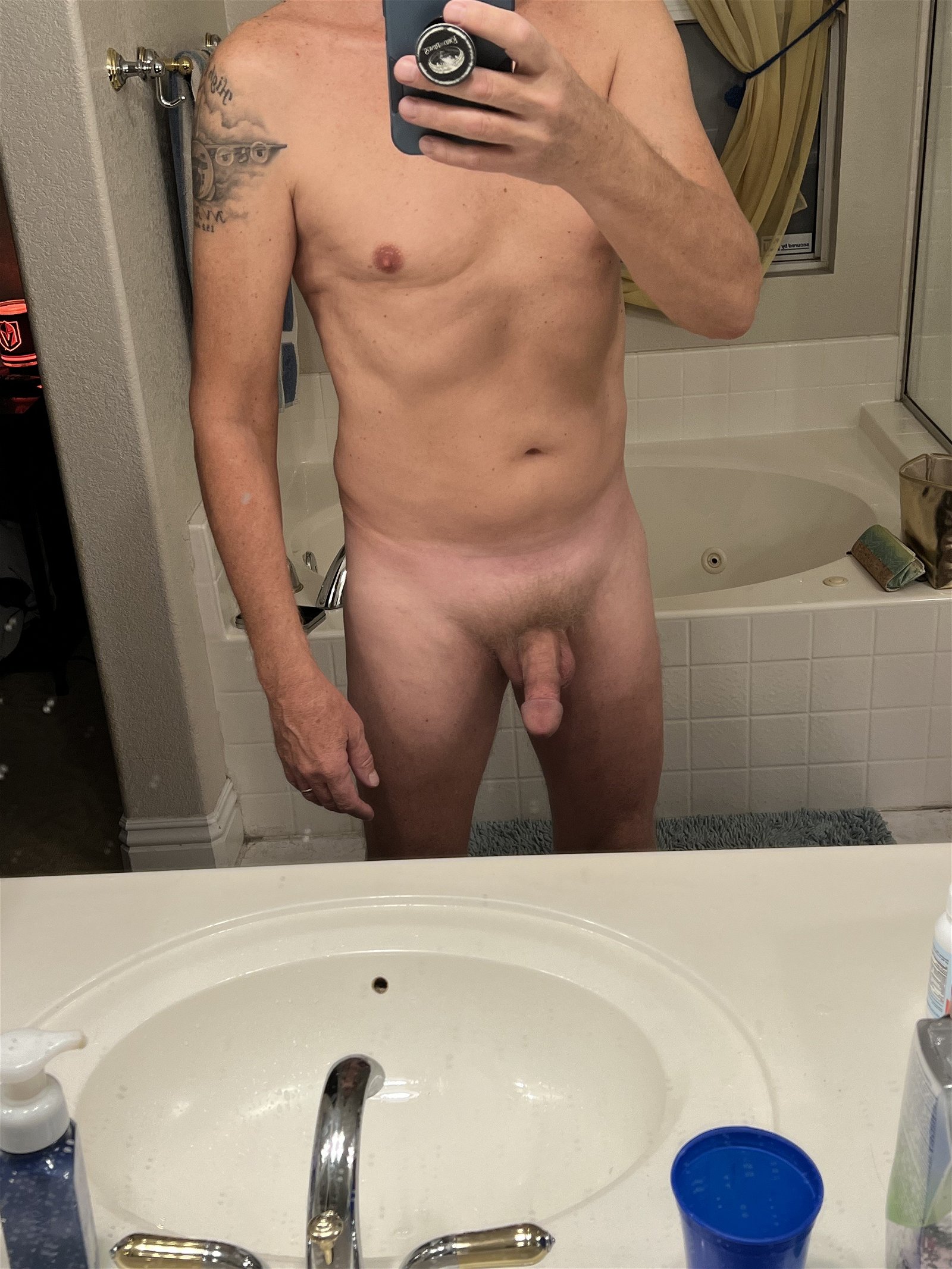 Photo by Desertguy with the username @Desertguy, who is a verified user,  October 16, 2023 at 1:45 PM. The post is about the topic MEN Over 50 and the text says 'I'm not a big muscle guy, I know I don't have a big dick. But, I think I look pretty good for 59. I started doing a little exercise and eating better about a year ago this month. I've lost about 30 pounds, mostly around my middle. I'm still working on a..'