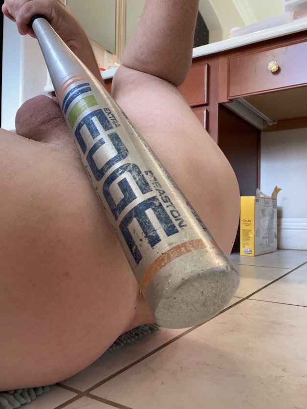 Photo by Desertguy with the username @Desertguy, who is a verified user,  January 28, 2023 at 7:22 PM. The post is about the topic Sleazy Gay Pigs and the text says 'I'm feeling adventerous today. Decided to give the baseball bat a try. I got it in up to the E'