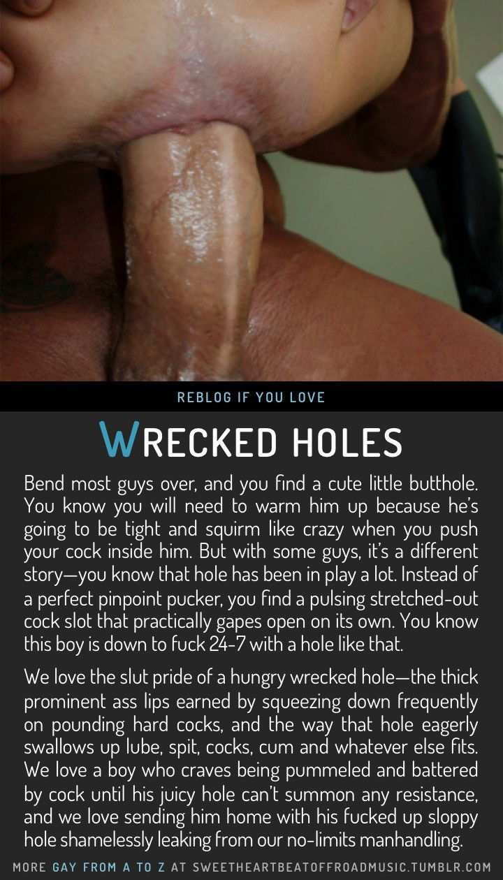 Photo by PG1961Canada with the username @PG1961Canadai,  September 9, 2015 at 2:35 AM and the text says 'sweetheartbeatoffroadmusic:

WRECKED HOLES. Find your thing: Gay From A to Z, view the full index alphabetically or by category, or check out my blog. Image source here.

Yup. Love fucking a wrecked hole. Those fuckers know how to bottom.  And in so..'