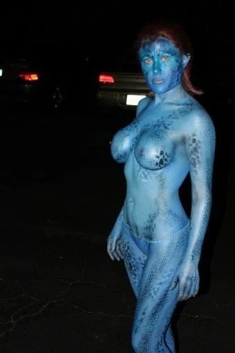 Photo by IndyFun with the username @IndyFun,  March 1, 2022 at 6:07 PM. The post is about the topic Cosplay and the text says '#XMen #Mystique #Cosplay #BodyPaint #Boobs #Tits #Panties'