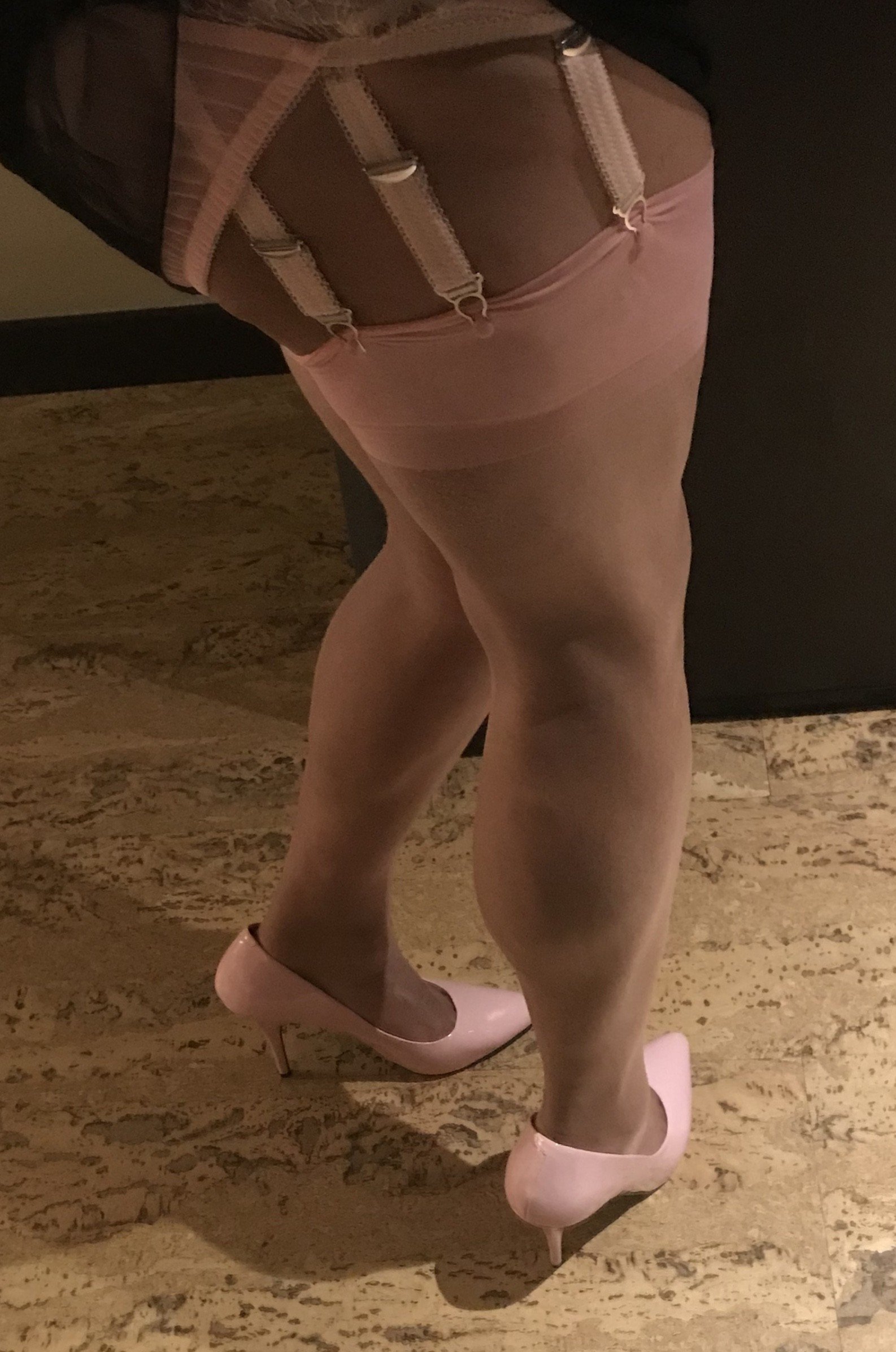Photo by Chrissyloveslingerie with the username @Chrissyloveslingerie,  March 15, 2024 at 4:03 PM. The post is about the topic Stockings and the text says 'Chrissy in lingerie and pink heels xx'