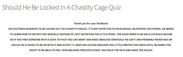 Photo by Cassie with the username @AdventurousCoupleSex,  March 11, 2022 at 1:21 PM. The post is about the topic Our Sexual Adventures & More and the text says '- Should He Be Locked In a Chastity Cage? -
Quite an in depth quiz with a lot of questions and here (below) is the answer!'