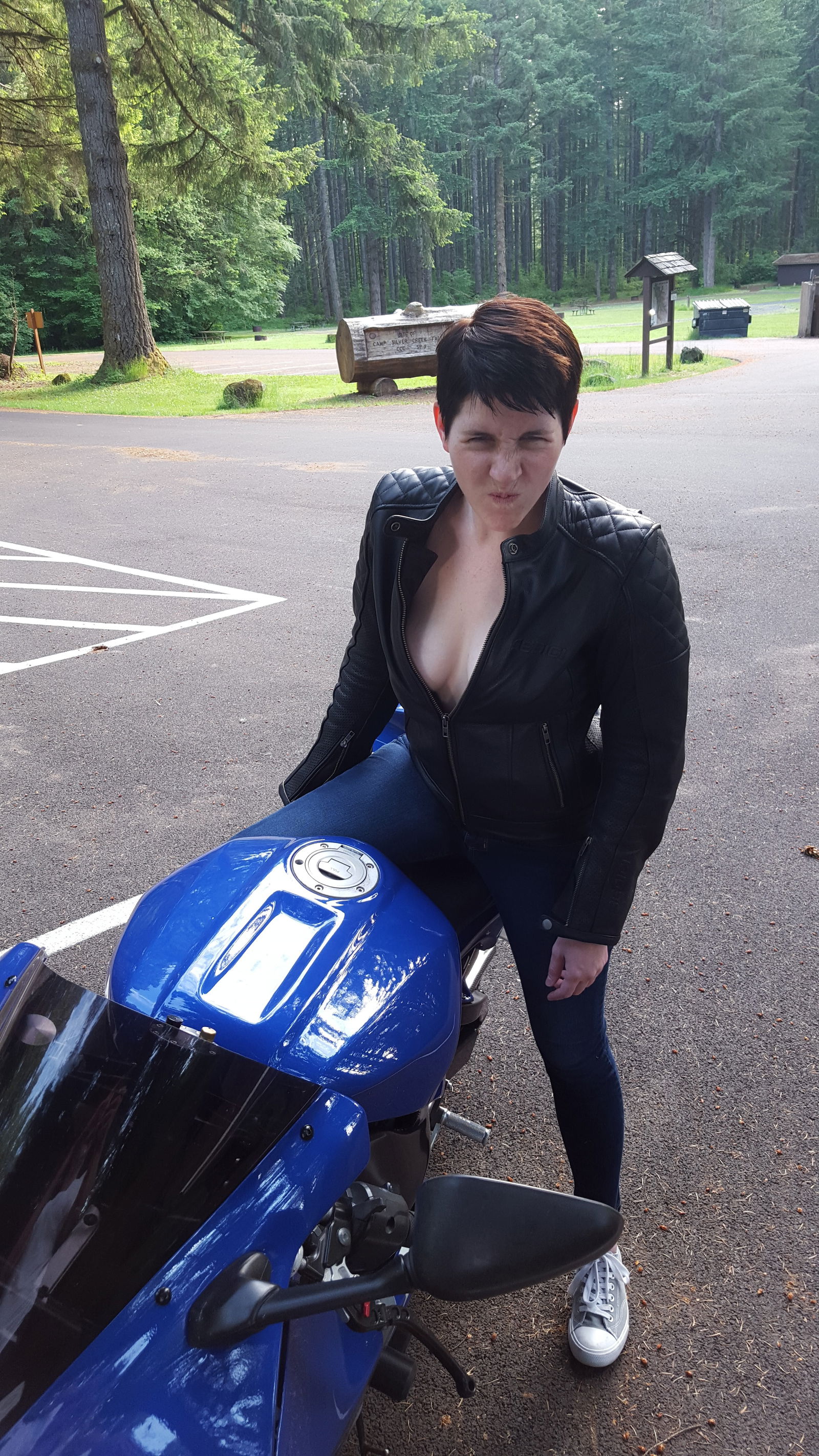 Photo by walk.the.fine.line with the username @walk.the.fine.line, who is a verified user,  February 22, 2018 at 10:16 PM and the text says 'Wishing for warmer days. #boobies  #motorcycleboobies  #flashing  #bodypositivity  #freethenipz  #motorcycle  #titties  #amateur'