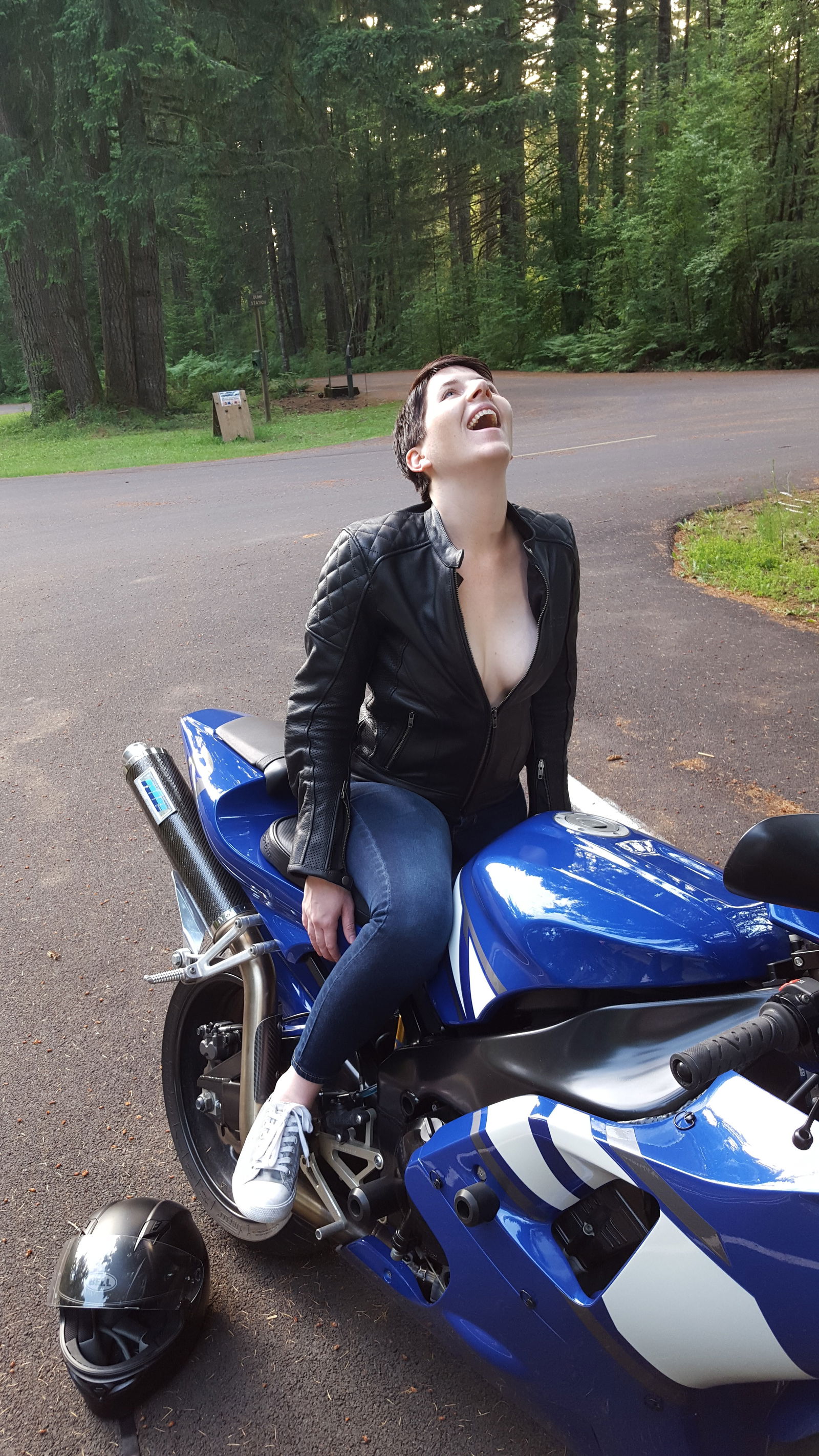 Photo by walk.the.fine.line with the username @walk.the.fine.line, who is a verified user,  February 22, 2018 at 10:16 PM and the text says 'Wishing for warmer days. #boobies  #motorcycleboobies  #flashing  #bodypositivity  #freethenipz  #motorcycle  #titties  #amateur'