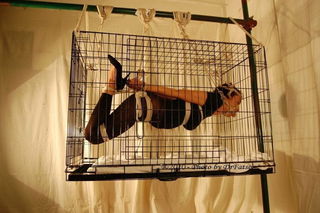 Photo by Hz_Caligula with the username @HzCaligula,  April 25, 2022 at 5:51 AM. The post is about the topic Cages and the text says '#Hogtied in a dog #cage... #Ballgagged #suspended'