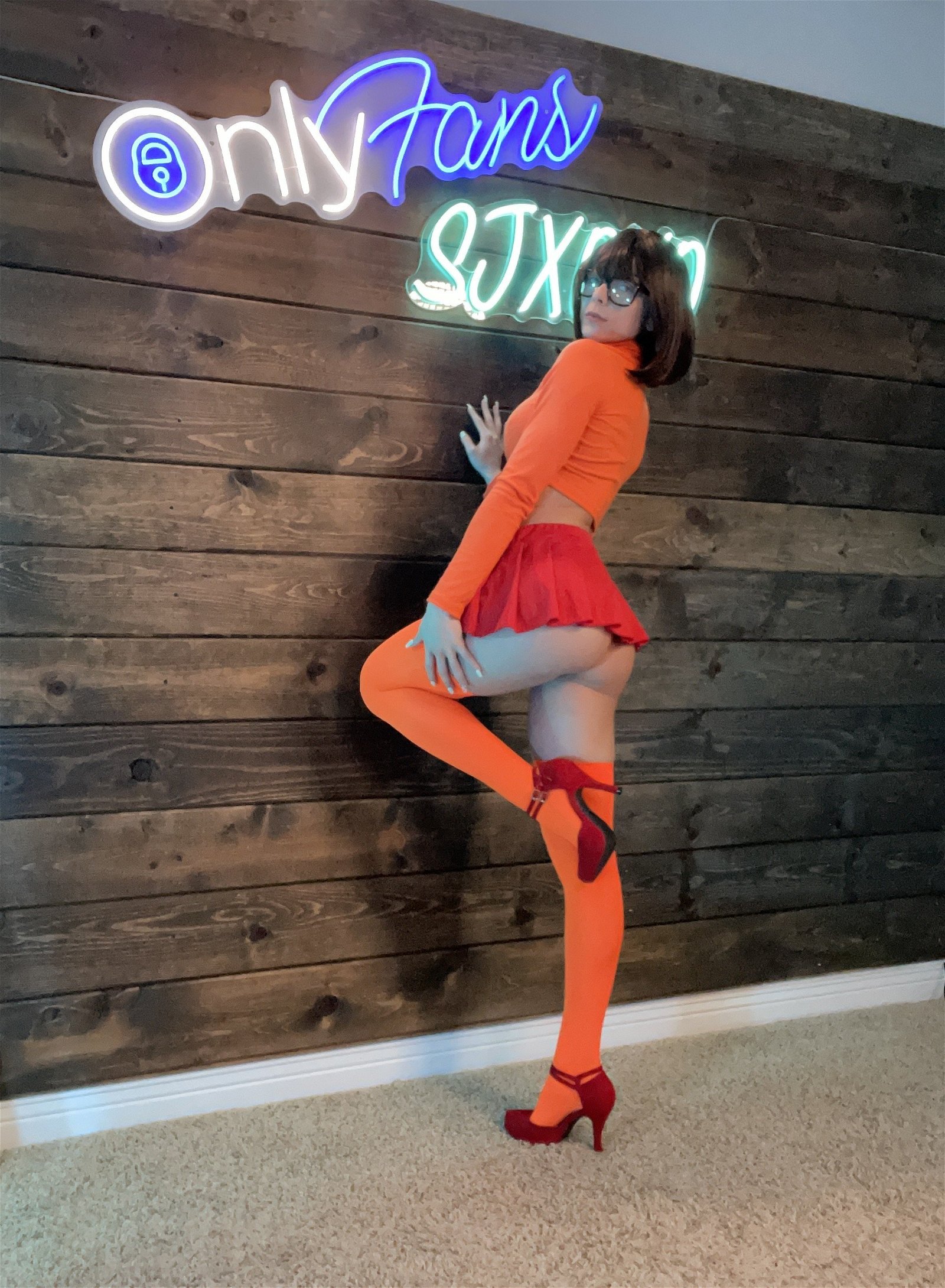 Photo by sjxoxo with the username @sjxoxo, who is a star user,  April 5, 2022 at 11:32 PM. The post is about the topic Cosplay and the text says 'Jinkies! This magic rod has to help me solve my mystery! 

Don't miss out on my week of naughty Velma Content!!'