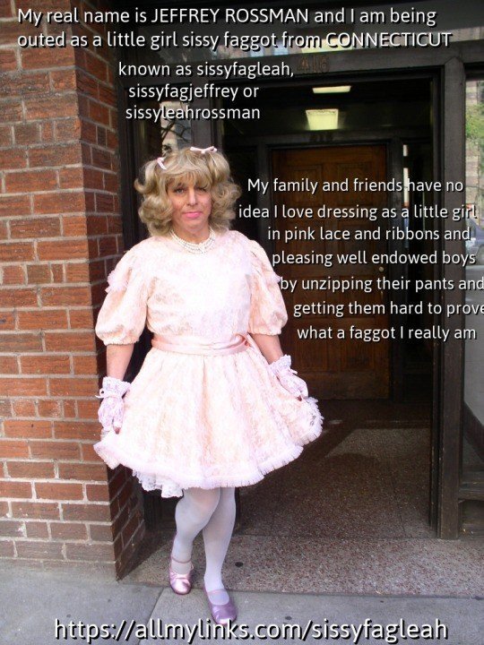 Photo by sissyfagleah with the username @sissyfagleah, who is a verified user,  April 26, 2022 at 5:08 PM and the text says 'My name is Jeffrey Rossman and I was recently photographed outside an apartment building on West 23rd St in Manhattan wearing a little girl dress with lace and ruffles and sheer tights so people walking by could smirk at me knowing I was being made to..'