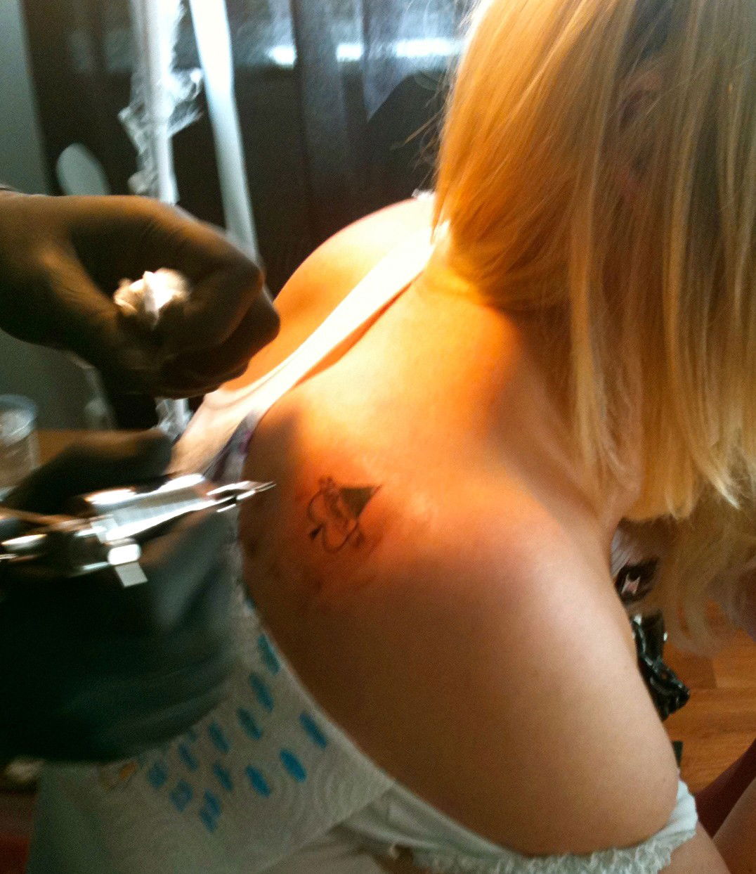 Photo by blond66 with the username @blond66,  March 3, 2013 at 1:37 PM and the text says 'greg69sheryl:

A Queen of Spades gets some permanent ink. #tattoo'