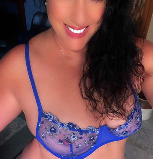 Album by Juicy with the username @Juicy1foru, who is a verified user,  September 18, 2023 at 5:47 PM. The post is about the topic Bra/Panty/Lingerie/Bikini and the text says '9-18-23 Monday Blues. The King gifted me some new matching bra and panty sets, and I look forward to sharing them with you. Working on getting these beautiful bras to fit properly for him, and...you. Xo, Juicy #mature #milf #blue #lace'