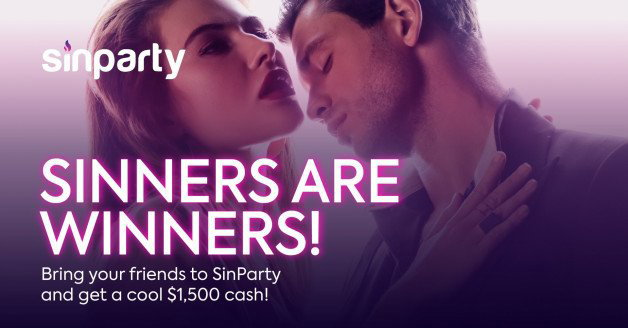 Photo by SinParty with the username @SinParty, who is a brand user,  September 6, 2022 at 3:28 PM and the text says 'Bring your friends to SinParty
Get $100 per referral and a $500 bonus after 10 referrals!
SinParty.com/sinners-winners'