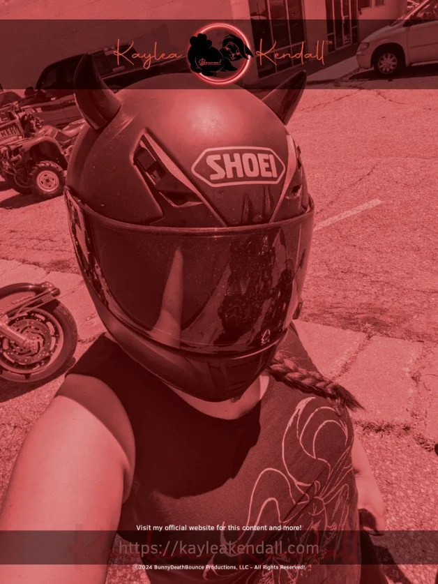 Photo by KayleaKendall with the username @KayleaKendall, who is a star user,  March 22, 2024 at 2:52 PM and the text says 'Nice Little 3-Hour Ride.
#Braids #Helmet #Horns #Motorbunny #Travel'
