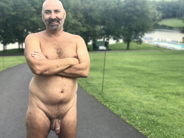 Photo by NudePB with the username @NudePB,  August 31, 2022 at 4:37 PM and the text says 'Just hangin naked in the Poconos!'