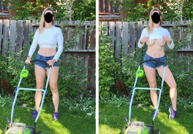 Photo by NaughtyMILF4U with the username @NaughtyMILF4U, who is a verified user,  November 29, 2023 at 1:30 AM. The post is about the topic Dressed And Naked and the text says 'Just mowing the lawn and giving hubby a show!'