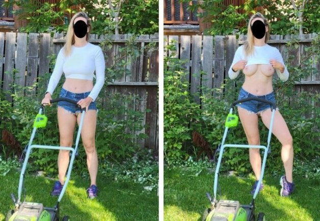 Photo by NaughtyMILF4U with the username @NaughtyMILF4U, who is a verified user,  November 29, 2023 at 9:10 AM. The post is about the topic Dressed and Naked - On/Off and the text says 'Just mowing the lawn and giving hubby a show!'