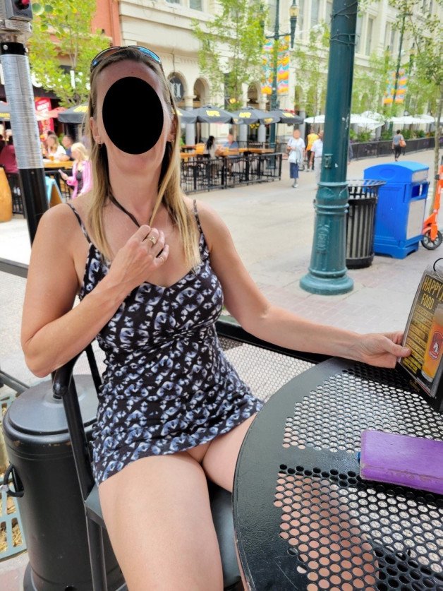 Photo by NaughtyMILF4U with the username @NaughtyMILF4U, who is a verified user,  September 29, 2023 at 8:10 AM. The post is about the topic MILF NEXT DOOR and the text says 'The waiter might have got a glimpse. Not that I tried to hard to hide anything. He was kind of cute afterall'