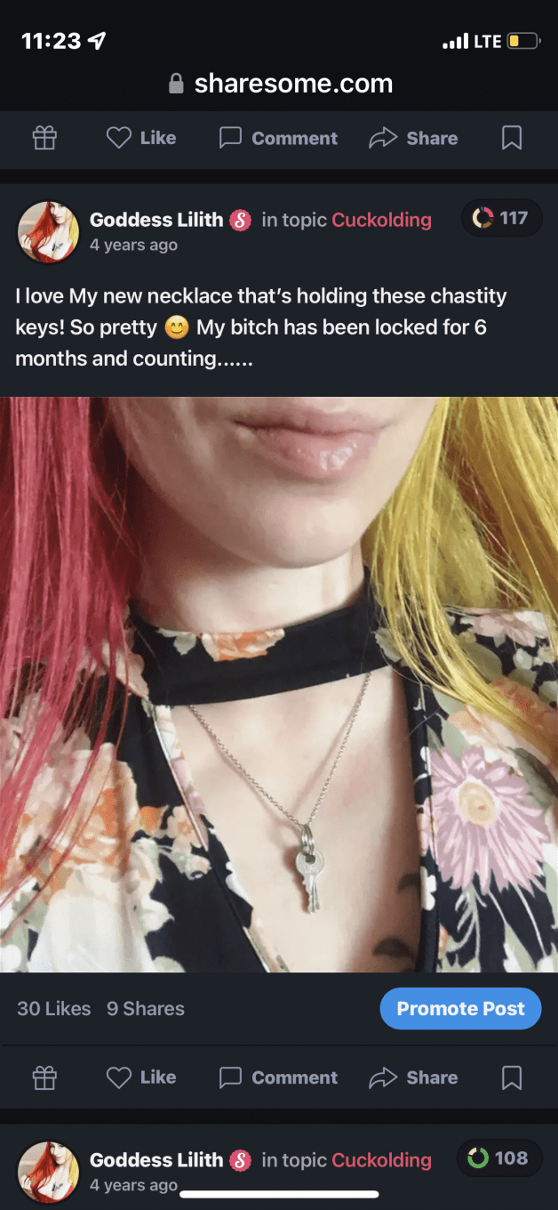 Photo by Goddess Lilith with the username @GoddessLilith, who is a star user,  March 1, 2023 at 5:08 PM. The post is about the topic Cuckold Chastity and the text says 'Still wearing his chastity key 2 years later.. ??'