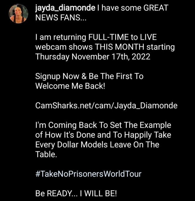 Photo by Real Jayda Diamonde with the username @JaydaDiamondeXxX, who is a star user,  November 3, 2022 at 3:04 AM and the text says 'https://JaydaDiamonde.com'