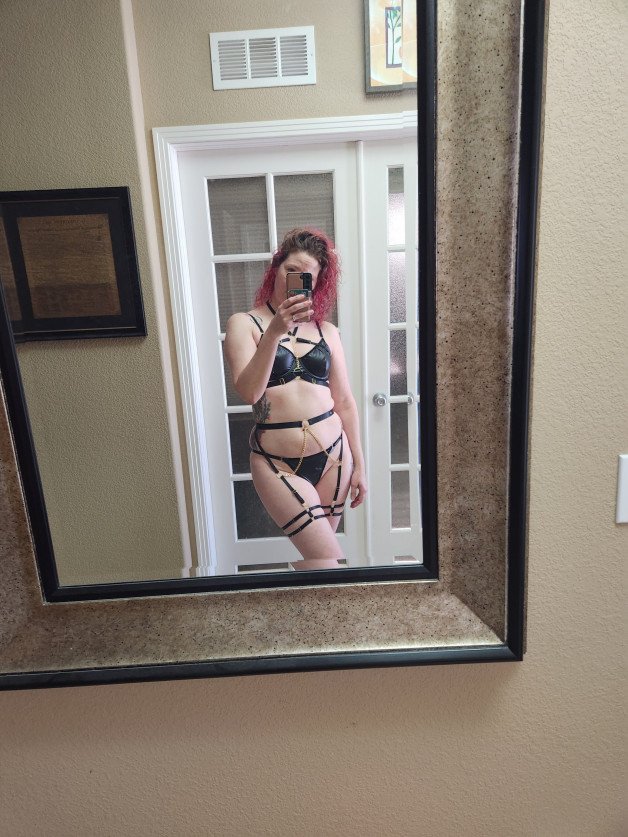 Photo by NeedyHotwife with the username @NeedyHotwife, who is a verified user,  January 24, 2023 at 5:52 PM. The post is about the topic Hotwife and the text says 'When no one is home to appreciate a new outfit, I need to share it with you all. Any volunteers to help me get untangled from the harness? ?'