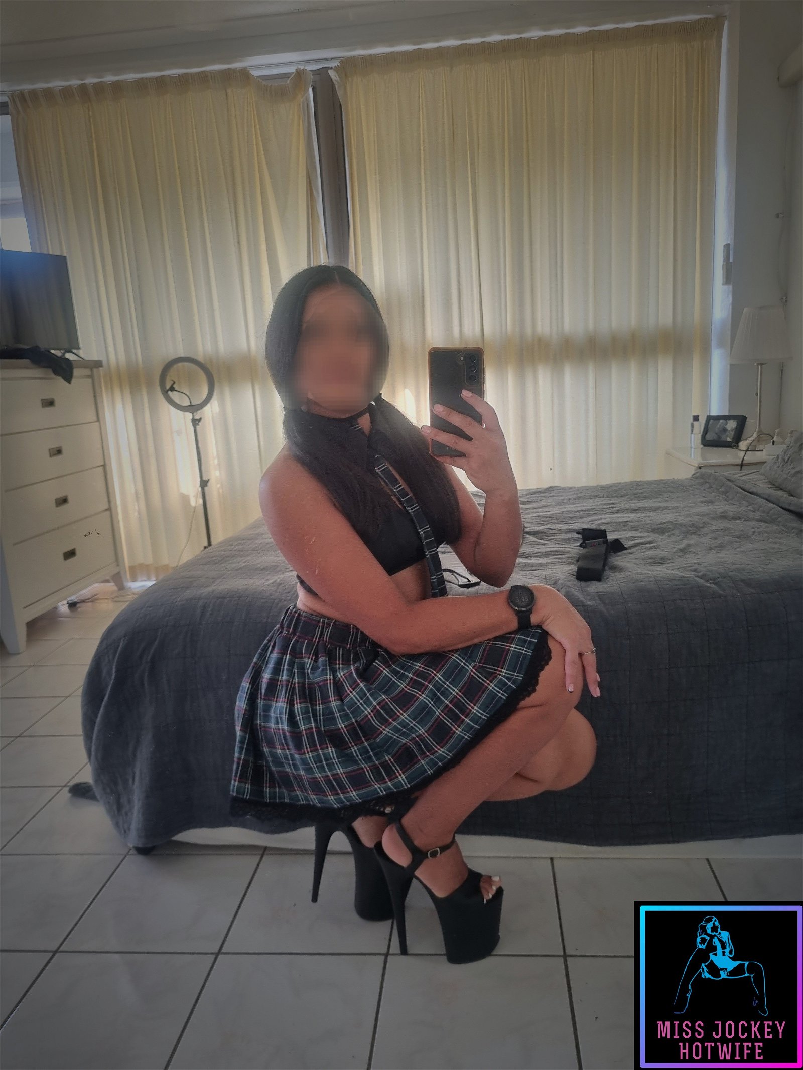 Photo by MissJockeyHotwife with the username @MissJockeyHotwife, who is a verified user,  November 6, 2023 at 8:28 AM and the text says 'I'm a naughty girl 😈 Someone please spank me 🙏🏽 
#naughtygirl #schoolgirl #pussy #ass #slut #hotwife #amateur #homemade'
