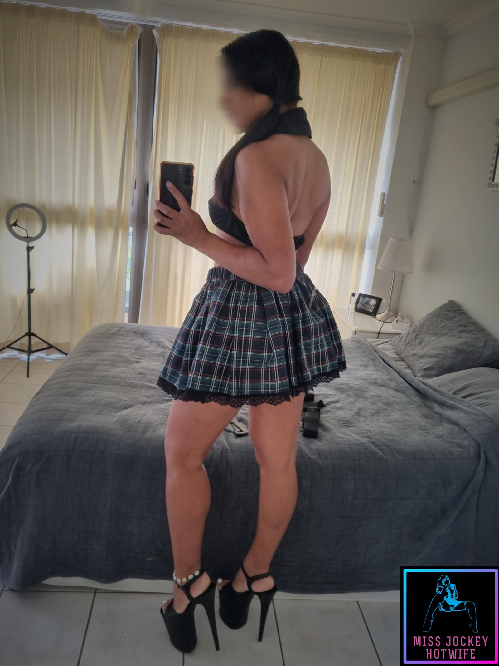 Photo by MissJockeyHotwife with the username @MissJockeyHotwife, who is a verified user,  November 6, 2023 at 8:28 AM and the text says 'I'm a naughty girl 😈 Someone please spank me 🙏🏽 
#naughtygirl #schoolgirl #pussy #ass #slut #hotwife #amateur #homemade'