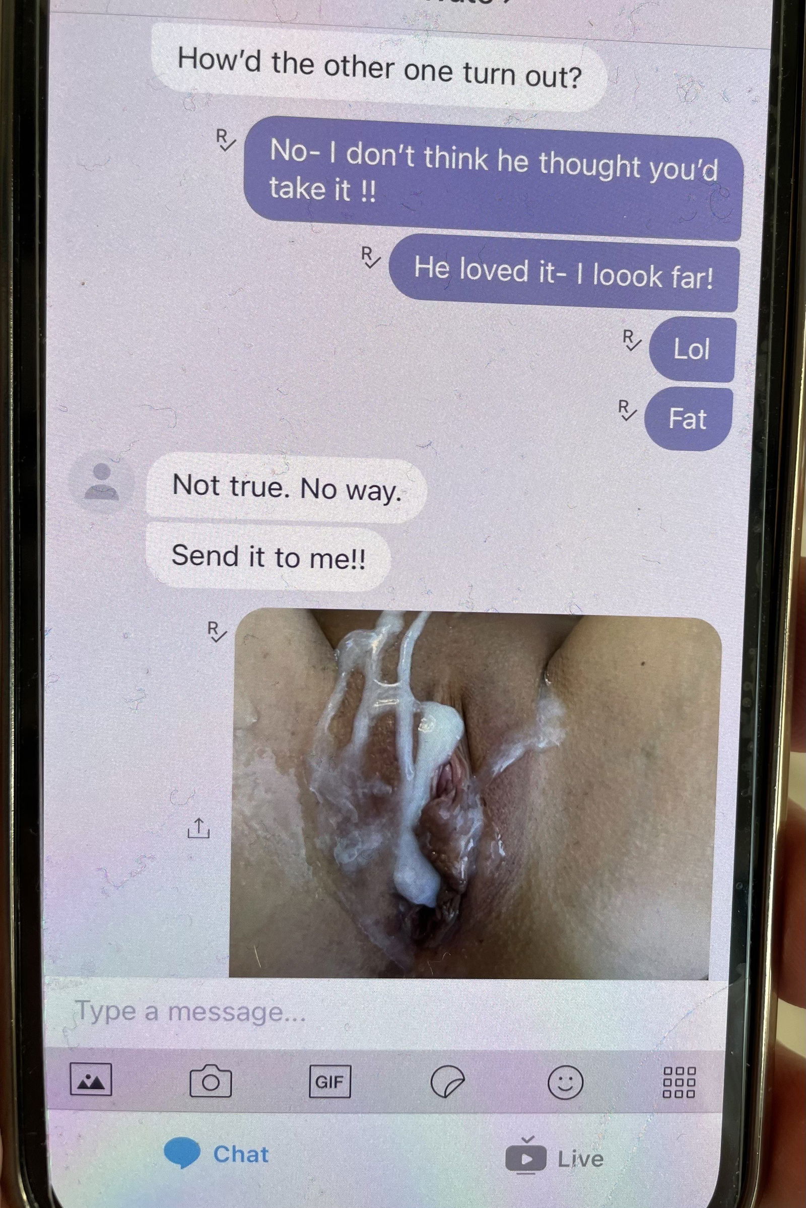 Album by KimCrawford with the username @KimCrawford, who is a verified user,  July 18, 2024 at 9:29 PM. The post is about the topic Hotwife Texts and the text says 'Fun conversation with my friend / bull !'