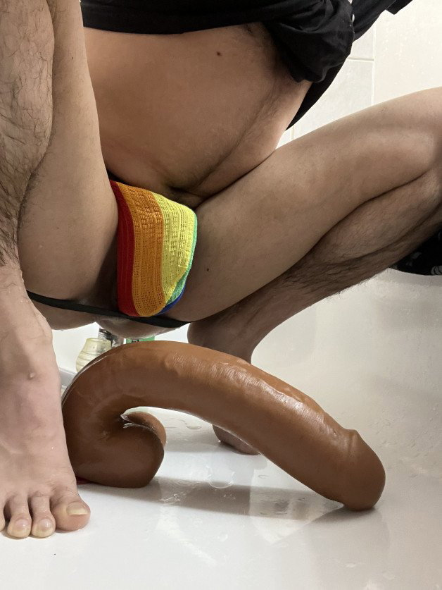 Photo by DPBTM4HungTops with the username @DPBTM4HungTops, who is a verified user,  May 17, 2023 at 6:04 AM. The post is about the topic Monster Dildo and the text says 'loving my pride jockstrap 🙃 (even though pride is 1 month away) but also absolutely loving my 14 inch dildo 🙃🤤'
