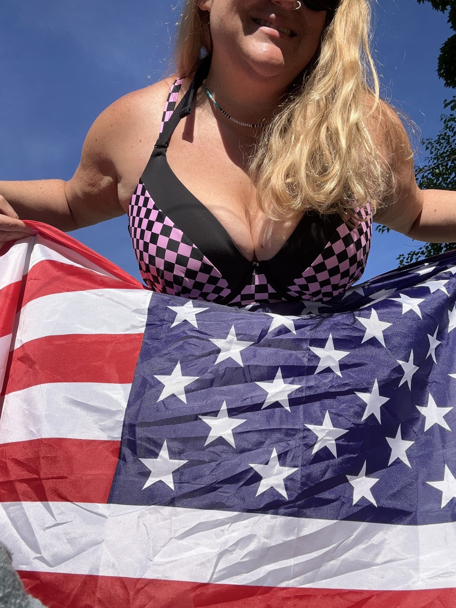 Photo by TitsAndGigglez with the username @TitsAndGigglez, who is a verified user,  July 4, 2024 at 2:20 PM. The post is about the topic Amateurs and the text says 'Happy 4th! 🇺🇸👙'