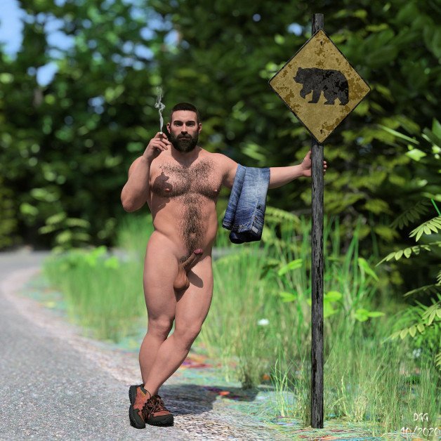 Photo by CGGayArtNNJ with the username @CGGayArtNNJ, who is a verified user,  February 14, 2023 at 6:04 PM. The post is about the topic Gay CGI Art and the text says 'Bear Crossing
#GayCGI, #GayBear, #Gay, #Outdoor, #Hairy'