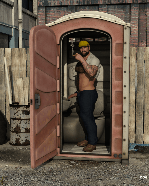 Photo by CGGayArtNNJ with the username @CGGayArtNNJ, who is a verified user,  February 14, 2023 at 2:04 AM. The post is about the topic Gay CGI Art and the text says 'Abe never closes the door when he uses the Porta John, cause he likes to show off the goods. 
#GayCGI, #Gay, #Piss, #Public, #Construction, #Cigar'