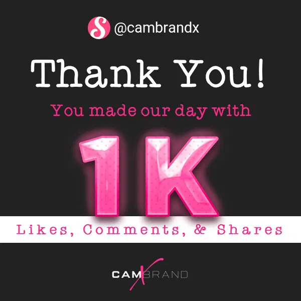 Photo by CamBrandX with the username @CamBrandX, who is a brand user,  September 25, 2024 at 5:54 PM and the text says 'Thank you to everyone who clicked #like #share or made a #comment on our content! You made our day by reaching 1K!

We love feedback and work hard to post requested content. Keep it coming!

#thankyou #thanks #gratitude #likeforlikes #community'