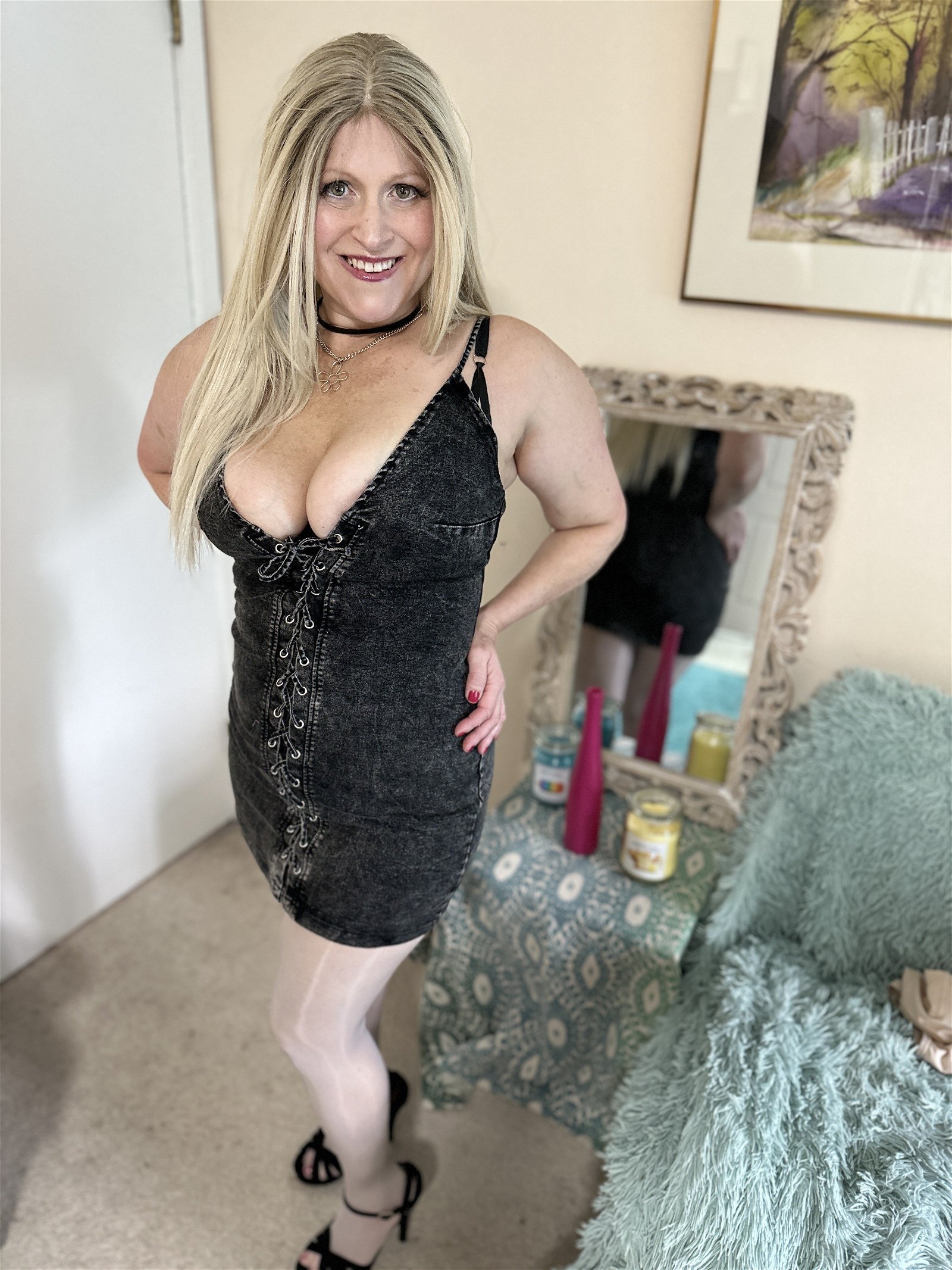 Photo by tabithaxxx with the username @tabithaxxx, who is a star user,  August 12, 2023 at 9:45 PM. The post is about the topic MILF and the text says 'Sexy Black Denim Dress and Pantyhose - #pantyhose #milf #highheels #heels #blonde #sexy #cute #babe #curvy #mature #cougar https://allmylinks.com/tabithaxxx'