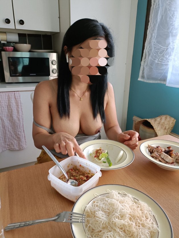 Photo by ThaiMom with the username @ThaiMom, who is a star user,  October 26, 2023 at 2:03 PM. The post is about the topic Asian and the text says 'Lunch Time🥢🥣😉

#lunch #food #eating #udders #boobs #bigboobs #thursday #flashing #showing #asian #thai #milf #fyp #thailand #tits #milftits #bigtits #bignaturalboobs #nipples #darknipples #brownnipples #hugeboobs #hugetits #naturalboobs'