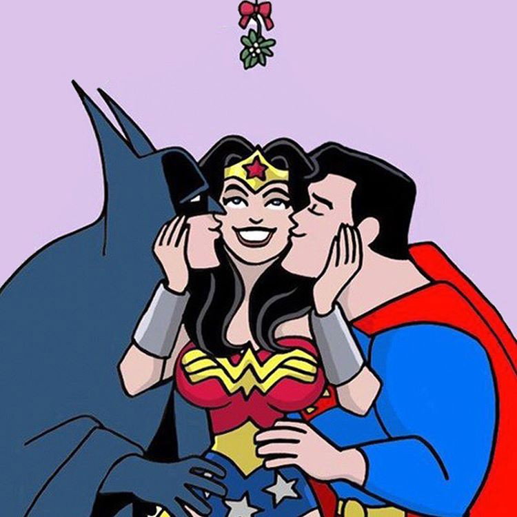 Photo by Lizajayn with the username @Lizajayn,  December 15, 2016 at 1:18 AM and the text says 'openmindeddating:

Wonder Woman is Mistletoe Goals. #holidays #polyamory #openrelationship #OpenMinded #love #mistletoe #goals #superman #wonderwoman #batman'