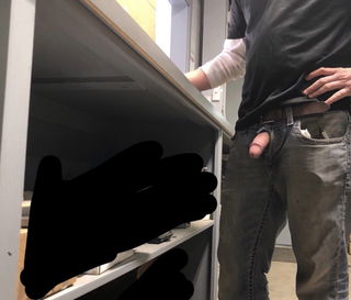 Photo by Sticksquirt31 with the username @Sticksquirt31, who is a verified user,  August 2, 2023 at 5:12 PM. The post is about the topic Flashers and Public Nudes and the text says 'Gotta Love working behind a tall counter, Being able to help customers with my cock out is SUCH A Turn ON! the thrill is crazy, thinking what if one of the lady customers leaned over the counter🤤 and saw!!!

hopefully they wouldnt be mad but instead..'