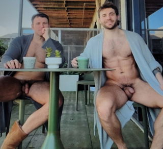 Photo by FurFactor with the username @FurFactor, who is a verified user,  June 30, 2024 at 9:10 PM. The post is about the topic Gay Dudes & Coffee Cups and the text says 'Naked Coffee Break with a bud is never a bad thing'