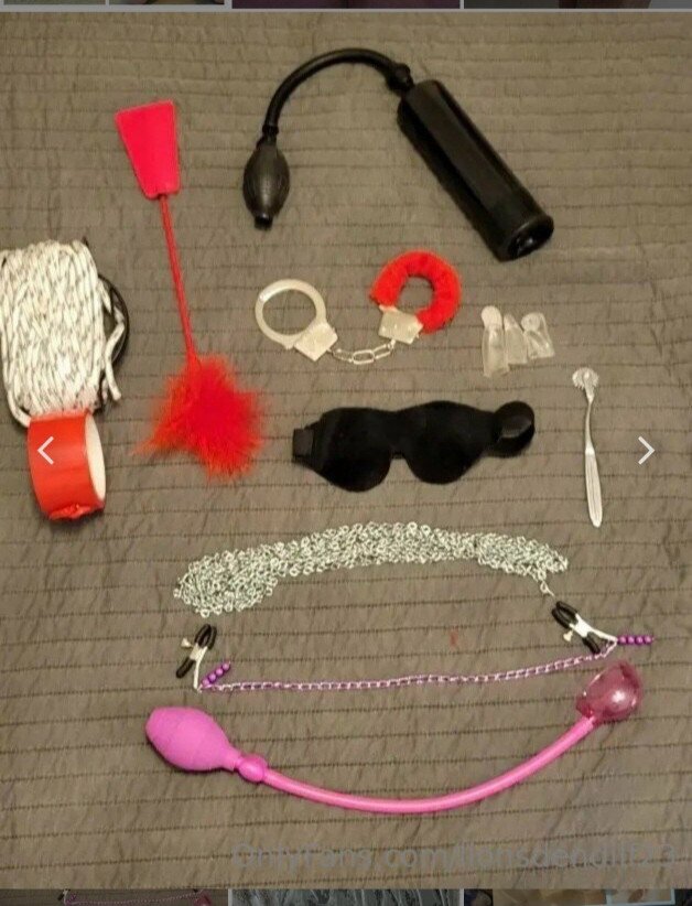 Album by NaughtyTributes80 with the username @NaughtyTributes80, who is a verified user,  June 26, 2023 at 7:47 PM and the text says 'I like to play with my toys every now and then and get all chained up. #sex #sextoys #bondage #cock #chains'