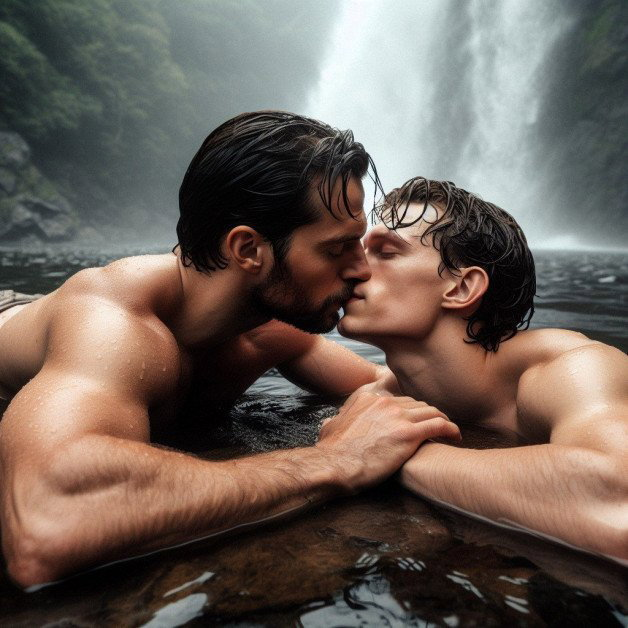 Photo by mike50667 with the username @mike50667, who is a verified user,  February 8, 2024 at 10:04 AM. The post is about the topic GoOutdoors and the text says '#goOutdoors #waterfall #ai #couple #kiss #kissing'