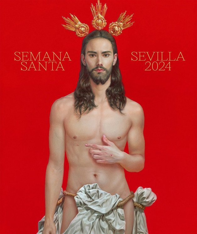 Photo by mike50667 with the username @mike50667, who is a verified user,  February 6, 2024 at 12:20 PM. The post is about the topic Gay Art & Illustrations and the text says 'A ‘sexualized’ Jesus? Easter poster in Spain stirs controversy
Artist Salustiano García defended his work, created for Easter week events in Seville, saying it's "sick" to see sexuality in the image, while a conservative group called it an "aberration."  ..'