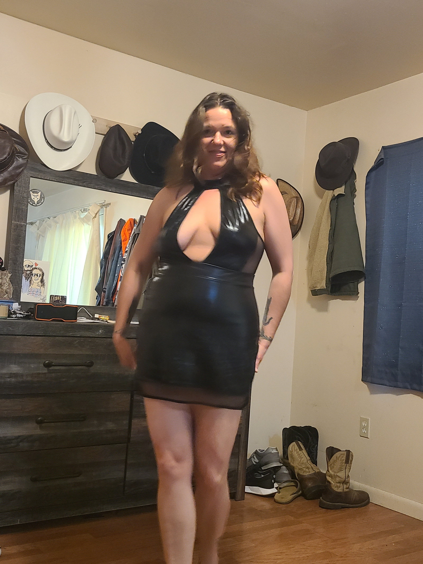 Photo by ExhibCouplePlayTime with the username @ExhibCouplePlayTime, who is a verified user,  July 24, 2023 at 6:27 PM. The post is about the topic Amateurs and the text says 'Decided this is a great club dress as well, can pop my tits out easy and if I lean forward at all it shows off a nice amount of cheeks and the bottom of my lips, but you all know I'm gonna bend all the way over and pull it up in the crowd anyway..'