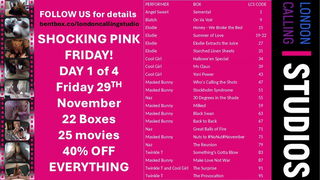 Album by LondonCallingStudios with the username @LondonCallingStudios, who is a brand user,  November 28, 2024 at 6:32 PM and the text says 'LCS SHOCKING PINK FRIDAY PROMO
Here is the list of 23 LCS boxes on -40% PROMO from midnight tonight, for 24 hours only!
Every box has one or more movies and a bundle of hi res images
All your favourite girls are on the list - COOL GIRL, ELODIE, MASKED..'