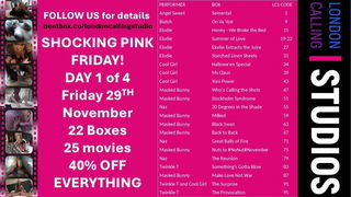 Photo by LondonCallingStudios with the username @LondonCallingStudios, who is a brand user,  November 29, 2024 at 10:46 AM. The post is about the topic Black Beauties and the text says 'Day 1 (of 4) of our hot SHOCKING PINK FRIDAY PROMO is underway. Here is a list of the 23 movies on 40% OFF today, Friday. These include your (and our) favourite black beauties COOL GIRL, MASKED BUNNY, ELODIE and TWINKLE T in full on boy/ girl hardcore..'