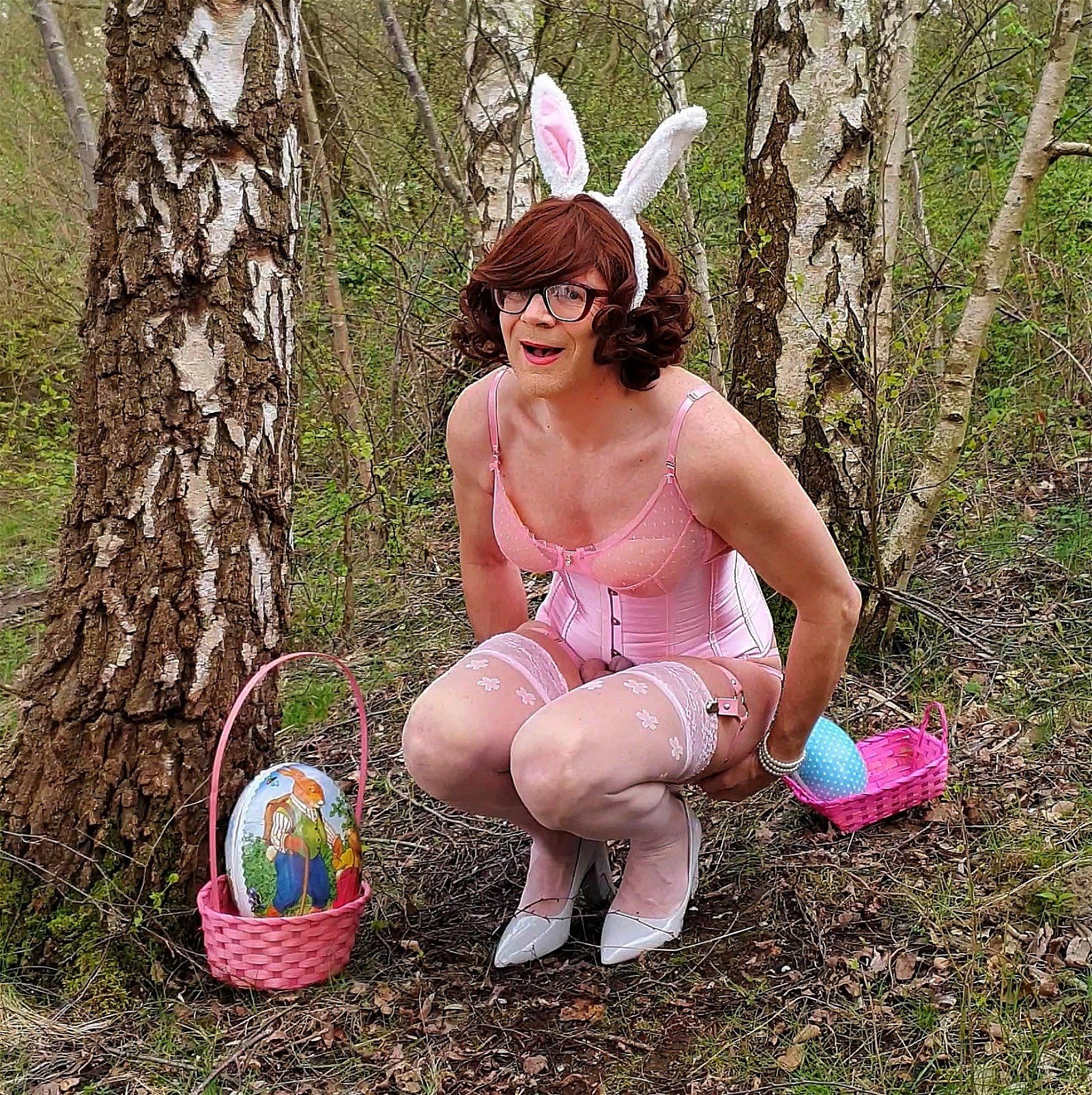 Photo by somethingz with the username @somethingz, who is a verified user,  March 31, 2024 at 9:53 AM. The post is about the topic Sissy Desires and the text says '#happyeaster #bunny #sissy #eggs #outdoor #dessous #tits #tranny #crossdresser #fun #happygreetings'