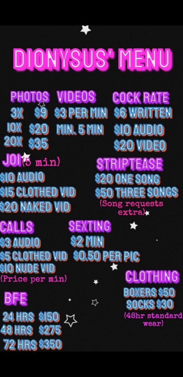 Photo by DionysusZenunim with the username @DionysusZenunim, who is a star user,  September 10, 2023 at 11:14 PM. The post is about the topic Trans and the text says 'My menus. These list the prices I charge for various types of custom content. I guarantee that each piece of custom content that I give you has been lovingly created just for you. I have a 45 minute turn around on standard photos and 120 minute turn..'