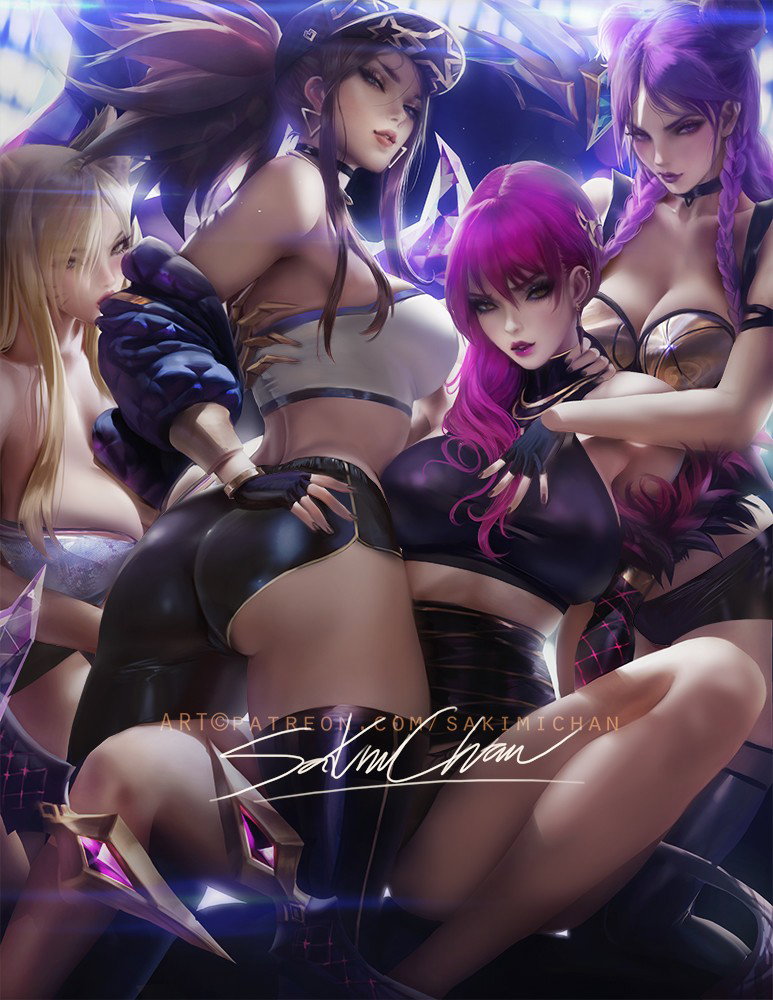 Photo by twy123 with the username @twy123,  December 13, 2018 at 5:50 AM and the text says 'sakimichan:
K/da crew yuri piece &lt;3finally done #Kaisa #Ahri #Akali #Evelynn^.~ nsfw/ yuri psd,hd jpg, video process etc-https://www.patreon.com/posts/22745474'