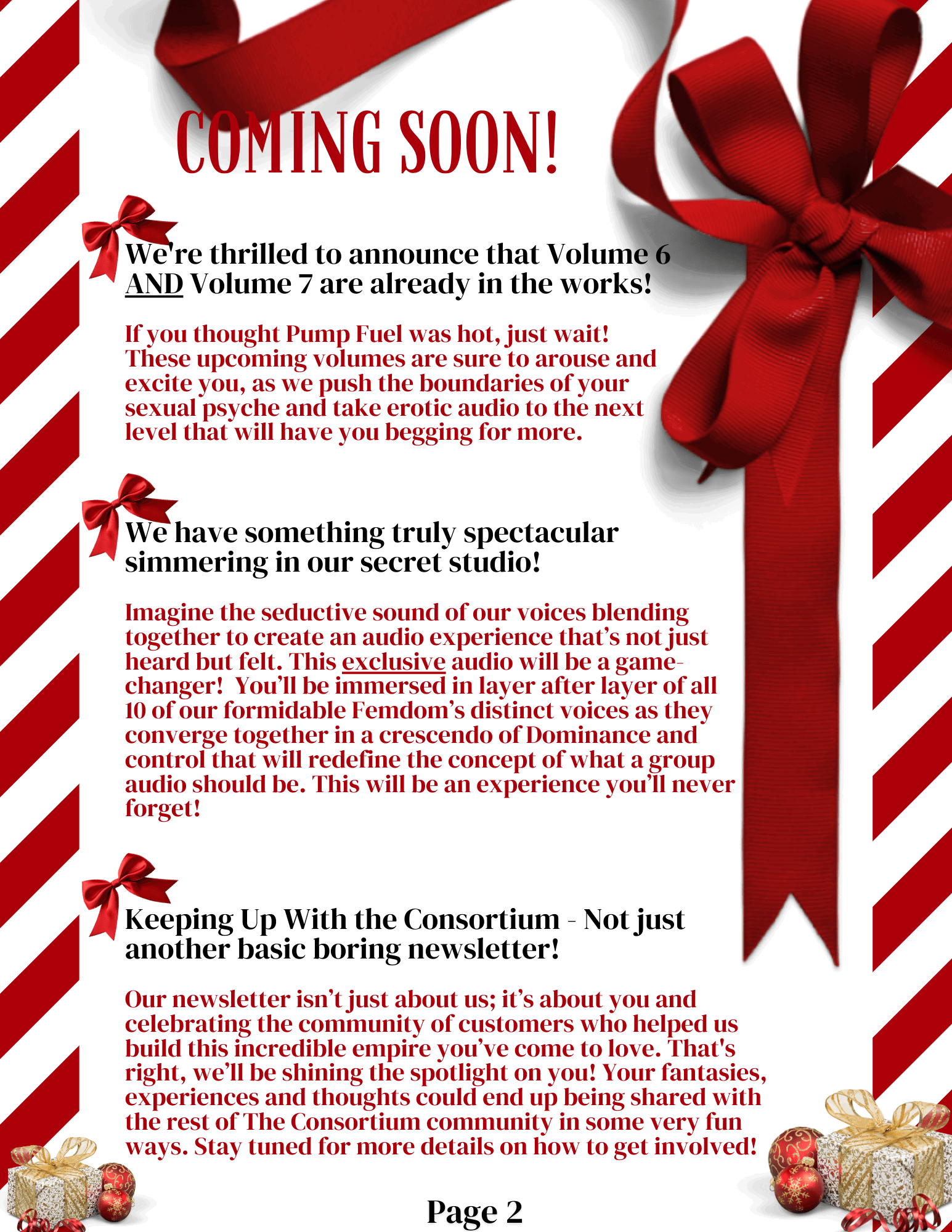 Album by JoiBleu with the username @JoiBleu, who is a star user,  December 1, 2024 at 9:55 PM and the text says '🎄✨ Seasons Greetings & Happy Holidays from The Consortium! ✨🎄

As the holidays approach, we’re spreading some festive cheer! Get ready for a sneak  at what’s next from The Consortium – a celebration of all things naughty and oh-so-nice!

🎁Coming..'