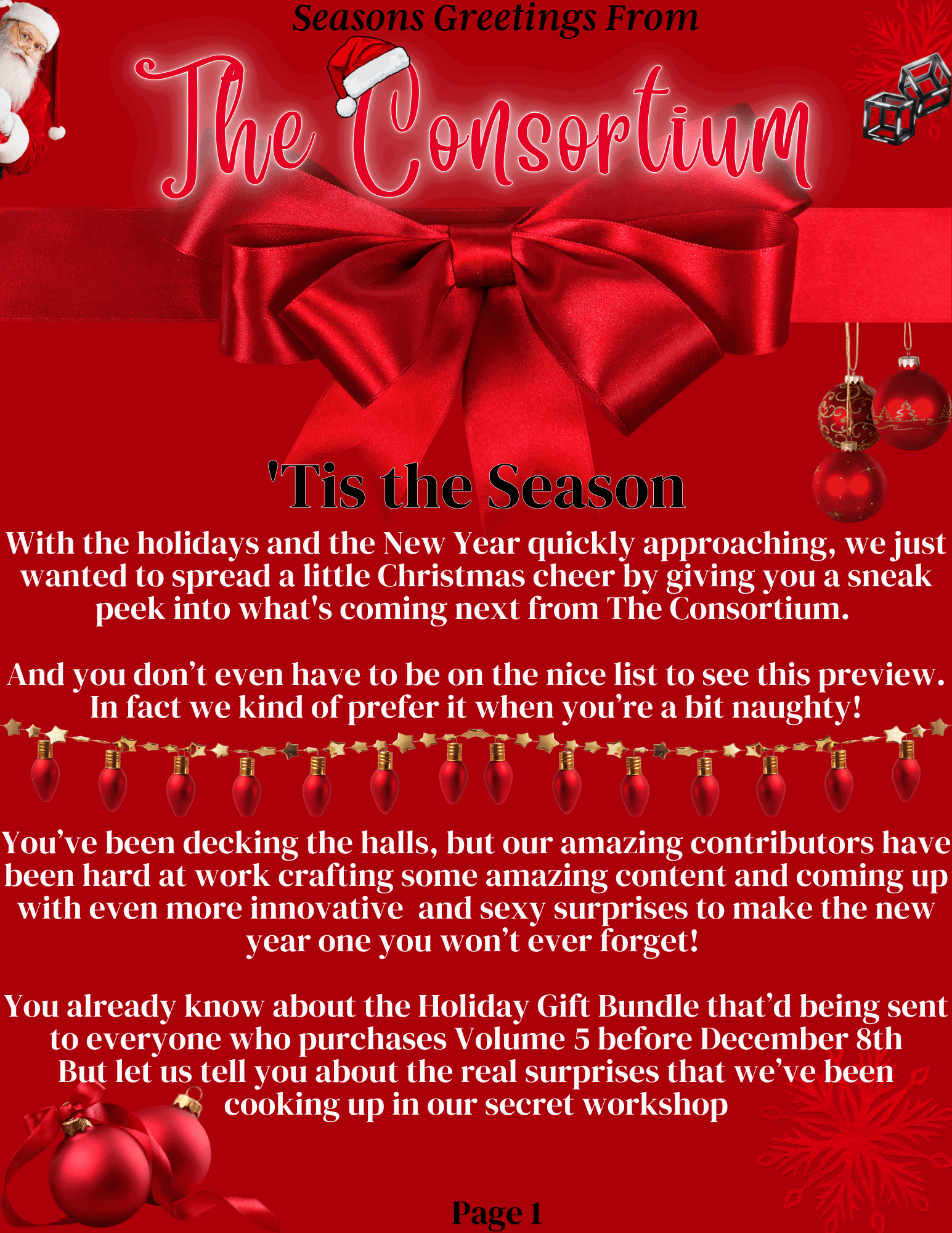 Album by JoiBleu with the username @JoiBleu, who is a star user,  December 1, 2024 at 9:55 PM and the text says '🎄✨ Seasons Greetings & Happy Holidays from The Consortium! ✨🎄

As the holidays approach, we’re spreading some festive cheer! Get ready for a sneak  at what’s next from The Consortium – a celebration of all things naughty and oh-so-nice!

🎁Coming..'