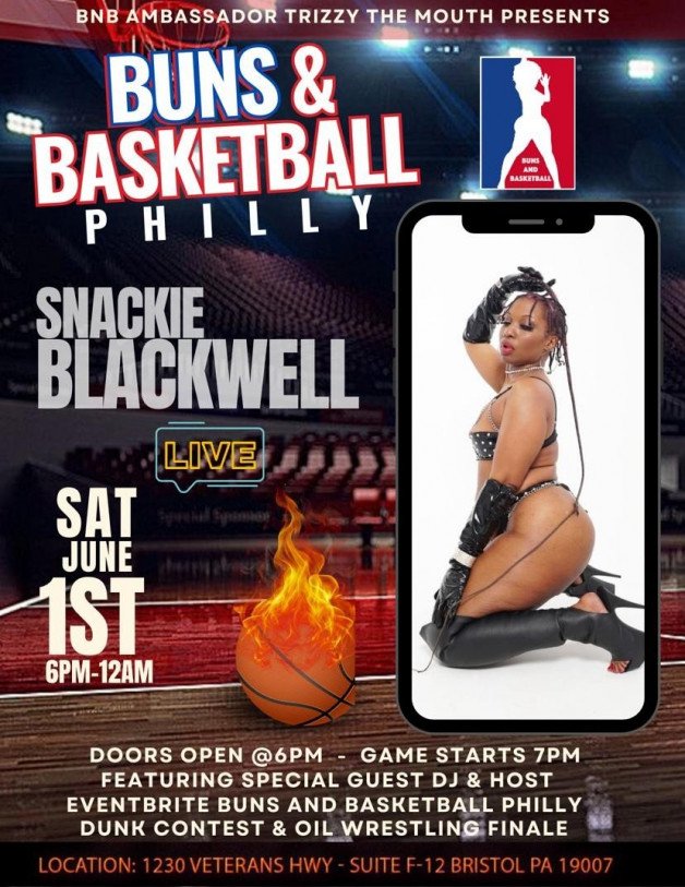 Photo by LadyWithTheWhips with the username @LadyWithTheWhips, who is a star user,  May 8, 2024 at 5:22 PM and the text says 'Jun 1st !! If plan on visiting philly POP OUT!!

https://www.eventbrite.com/e/buns-and-basketball-philly-tickets-876335020637?aff=snackieblackwell'