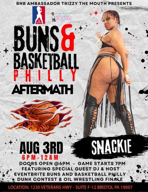 Photo by LadyWithTheWhips with the username @LadyWithTheWhips, who is a star user,  July 1, 2024 at 4:39 PM and the text says 'If You can Attend...

https://www.eventbrite.com/e/buns-and-basketball-philly-aftermath-tickets-920493750587?aff=Snackie'